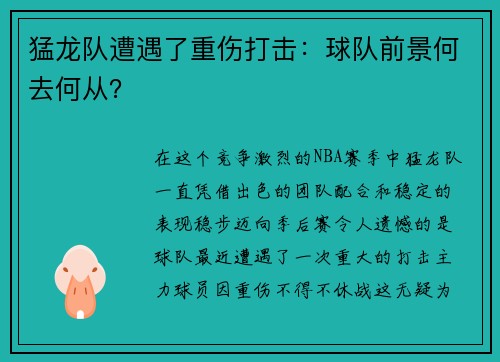 猛龙队遭遇了重伤打击：球队前景何去何从？